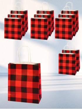Red and black grid printed white kraft paper gift bags(12Pcs) 8.3"
